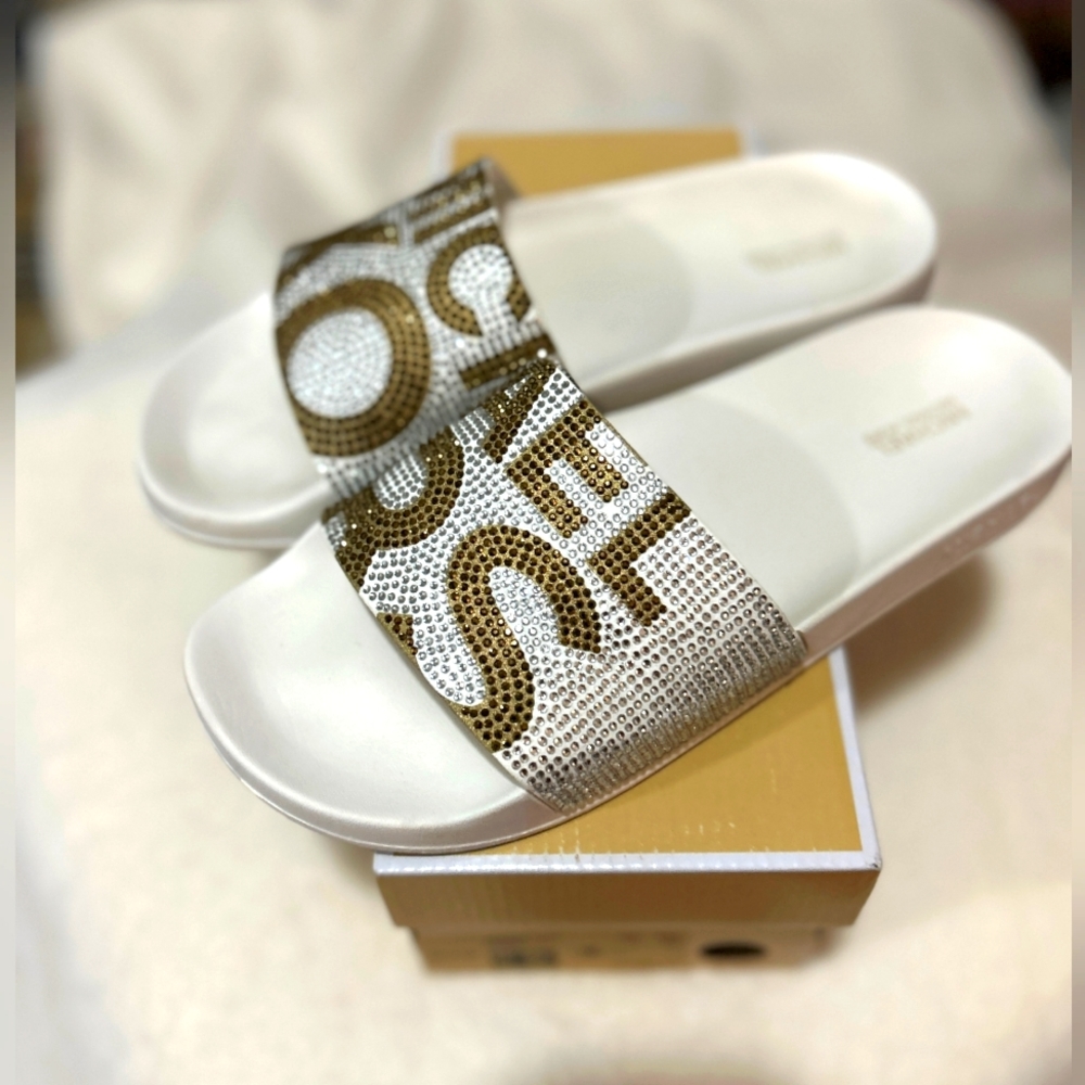 Michael Kors, Gilmore slides size 9, white and gold shimmer